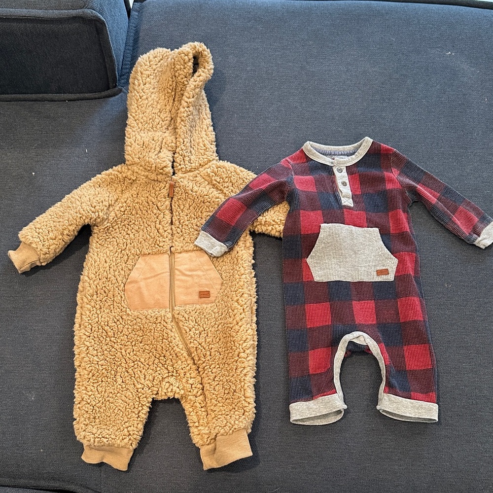 7 For All Mankind Tan Sherpa Onesie and Red Plaid Romper. Size 0-3 months.
